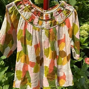 Colorful Leaf Print Cotton Boho Blouse